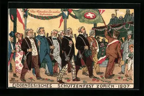 Künstler-AK Zürich, Eidgenössisches Schützenfest 1907, Das Fähnlein der sieben Aufrechten