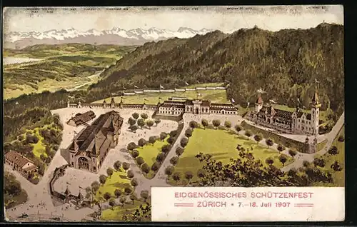 AK Zürich, Eidgenössisches Schützenfest 1907, Festhalle mit Schneehorn, Clariden und Tödi