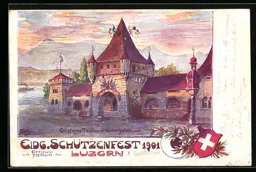 Künstler-AK Luzern, Eidgenössisches Schützenfest 1901, Emfangs-Pavillon und Gabenballen