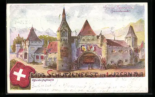 Künstler-AK Luzern, Eidgenössisches Schützenfest 1901, Grosse Festhalle, Gesamtansicht