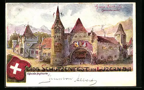 Künstler-AK Luzern, Eidgenössisches Schützenfest 1901, Grosse Halle, Gesamtansicht