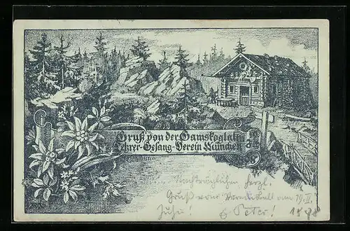 Lithographie Gamskoglalm, Lehrer-Gesang-Verein München, Gasthaus