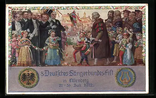 Künstler-AK Nürnberg, 8. Deutsches Sängerbundesfest 1912, Älterer Mann und Jungen mit Lauten