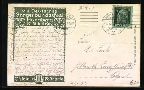 Künstler-AK Nürnberg, 8. Deutsches Sängerbundesfest 1912, Älterer Mann und Jungen mit Lauten