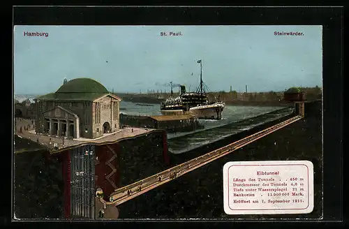 AK Hamburg-St. Pauli, Elbtunnel Hamburg Steinwärder mit Dampfer