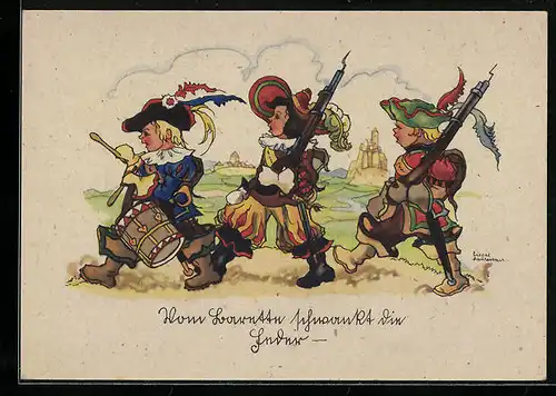 Künstler-AK Liesel Lauterborn: Drei Soldaten mit Trommel