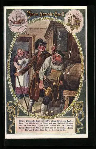 Künstler-AK F. Gareis unsign.: Bin ein fahrender Gesell, Wirt sticht ein Fass an