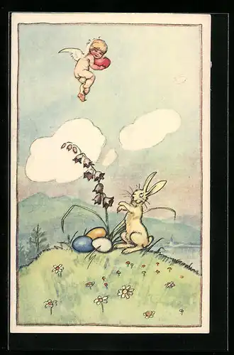Künstler-AK F. Gareis unsign.: Engelchen hat ein rotes Osterei stibitzt, Osterhase