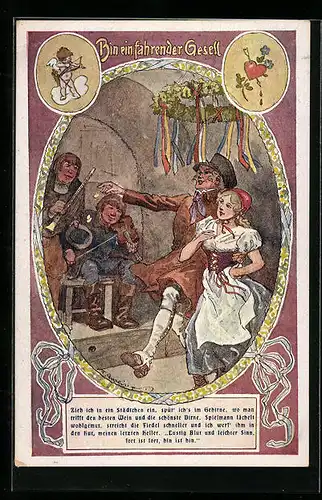 Künstler-AK F. Gareis: Bin ein fahrender Gesell, Paar tanzt zur Musik