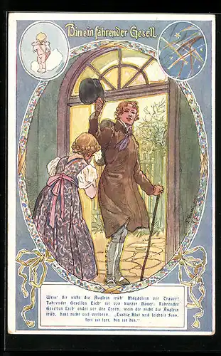 Künstler-AK F. Gareis: Bin ein fahrender Gesell, Herr verabschiedet sich von der weinenden Gattin