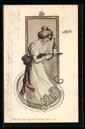 Lithographie Fräulein mit Dutt im grünen Kleid serviert Wein, Jugendstil