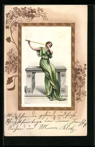 Präge-Lithographie Maid im grünen Gewand spielt auf einer Schalmei, Jugendstil