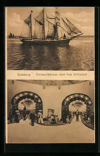 AK Hamburg-St. Pauli, Elbtunnel, Dreimastschoner über dem Elbtunnel