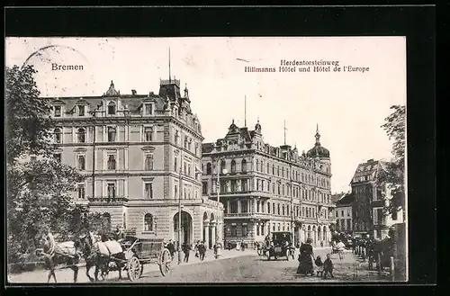 AK Bremen, Strasse Herdentorsteinweg mit Hillmanns Hotel und Hotel de l`Europe