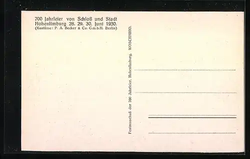 AK Hohenlimburg, 700 Jahrfeier von Schloss und Stadt Hohenlimburg 1930, Limburger Schnatjagd 1766