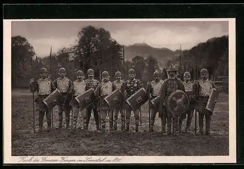 AK Hohenlimburg, 700 Jahrfeier von Schloss und Stadt Hohenlimburg 1930, Karls des Grossen Krieger im Lennetal ca. 800