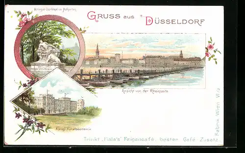 Lithographie Düsseldorf, Ansicht von der Rheinseite, Königliche Kunstakademie, Krieger-Denkmal im Hofgarten