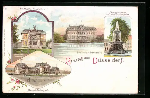 Lithographie Düsseldorf, Städtische Kunsthalle, Haupt-Bahnhof, Provinzial-Ständehaus