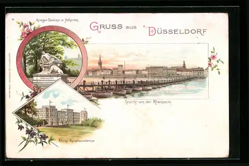 Lithographie Düsseldorf, Ansicht von der Rheinseite, Königliche Kunstakademie, Krieger-Denkmal im Hofgarten