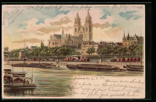 Lithographie Magdeburg, Dom mit Elbe und Fürstenwall