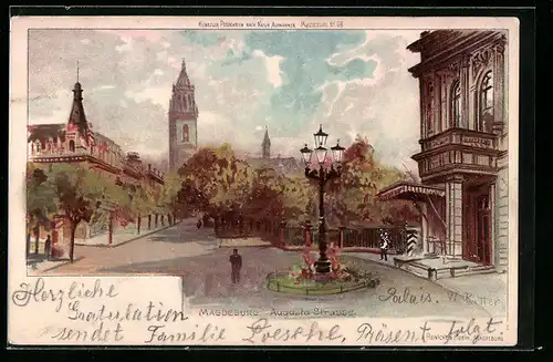 Lithographie Magdeburg, Augusta-Strasse mit Passanten