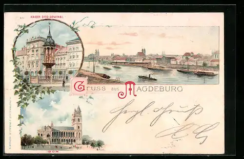 Lithographie Magdeburg, Dom, Kaiser Otto-Denkmal, Uferpartie