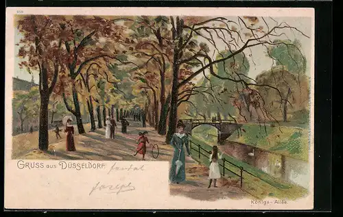 Lithographie Düsseldorf, Königs-Allee mit Spaziergängern