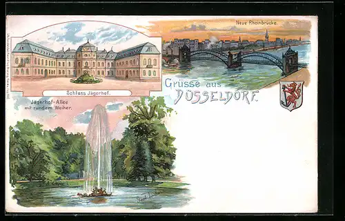 Lithographie Düsseldorf, Schloss Jägerhof, Neue Rheinbrücke, Jägerhof-Allee mit rundem Weiher