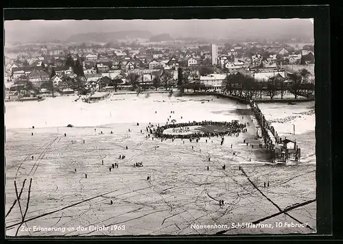 AK Nonnenhorn /Bodensee, Schäfflertanz auf dem zugefrorenen Bodensee aus der Vogelschau, 1963