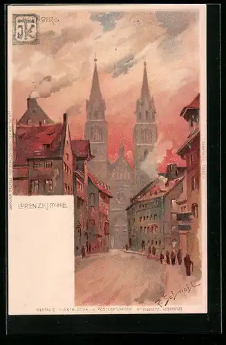 Künstler-AK P. Schmohl: Nürnberg, Lorenzkirche zur Dämmerung