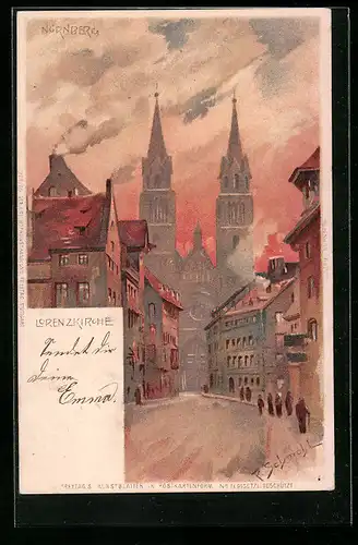 Künstler-AK P. Schmohl: Nürnberg, Lorenzkirche zur Dämmerung