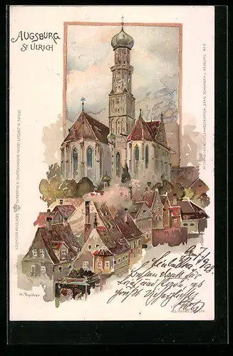 Lithographie Augsburg, Blick auf St. Ulrich