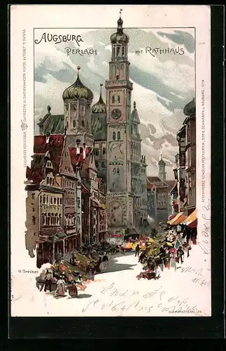 Lithographie Augsburg, Perlach mit Rathaus