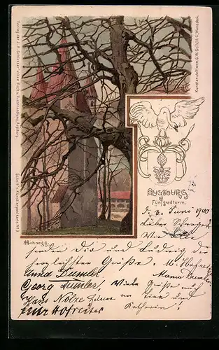 Lithographie Augsburg, Ansicht vom Fünfgradturm, Wappen