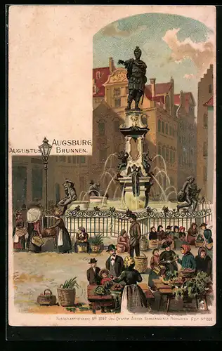 Lithographie Augsburg, Martktreiben am Augustus-Brunnen