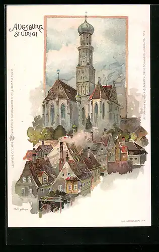 Lithographie Augsburg, Blick auf St. Ulrich