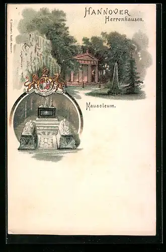 Lithographie Hannover, Mausoleum in Herrenhausen, Wappen