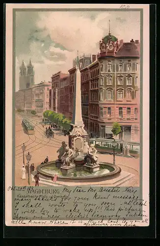 Lithographie Magdeburg, Strassenbahn am Hasselbachplatz mit Denkmal