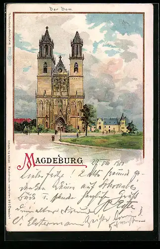 Lithographie Magdeburg, Blick auf den Dom