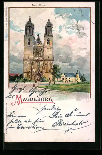 Lithographie Magdeburg, Blick auf den Dom