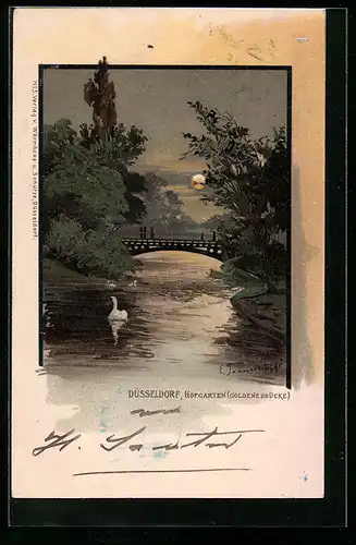 Lithographie Düsseldorf, Hofgarten, Goldene Brücke im Mondschein