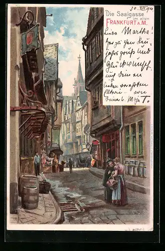 Lithographie Alt-Frankfurt, Strassenpartie in der Saalgasse