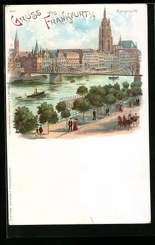 Lithographie Frankfurt a. M., Mainansicht, Strassenpartie mit Passanten