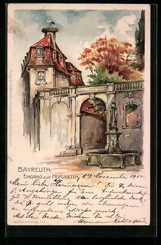 Lithographie Bayreuth, Eingang zum Hofgarten