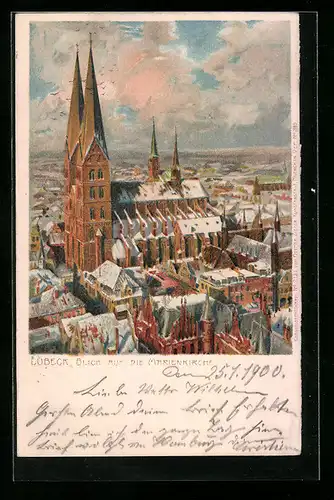 Lithographie Lübeck, Blick auf die Marienkirche