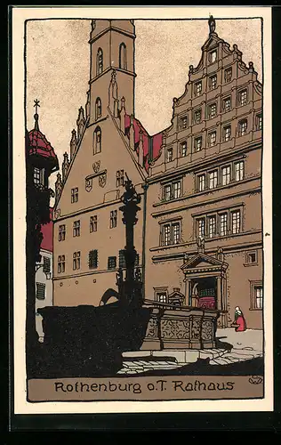Steindruck-AK Rothenburg o. T., Partie am Rathaus mit Brunnen