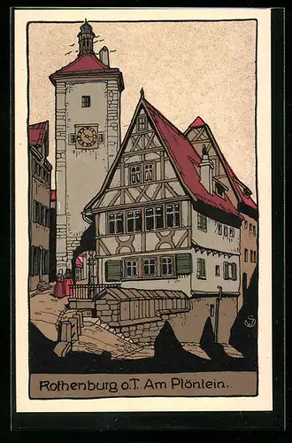 Steindruck-AK Rothenburg o. T., Am Plönlein