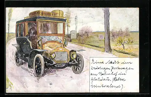 Künstler-AK Auto mit Gepäck auf dem Dach