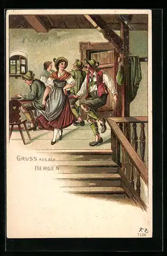 Lithographie Paare beim Volkstanz in der Hütte