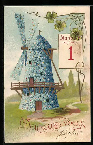 Künstler-AK Blumen-Windmühle und Glücksklee